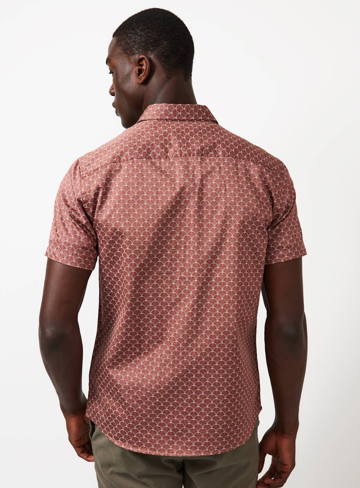 Dark Pink Geometric Print Satin Short Sleeve Shirt XL - Image 5